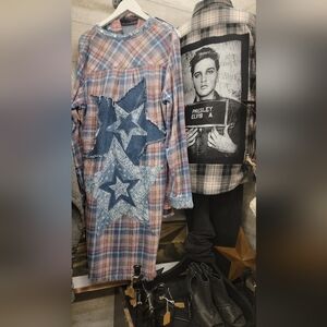 Recycled Long Plaid Flannel Shirt with Denim Stars Size Large